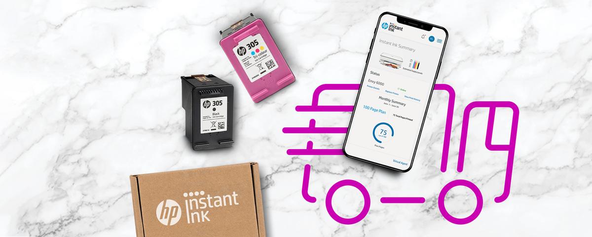 Instant in box, Instant ink cartridges, a mobile phone showing Instant ink App and van delivery graphic.