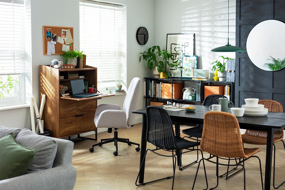 Space saver bureau desk with flip down shelf.