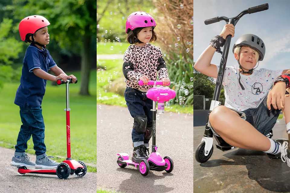 A split image of kids on scooters. 