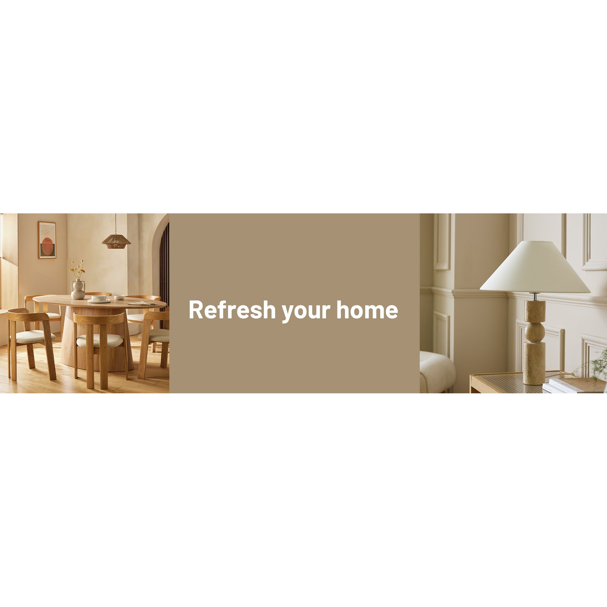 Burgandy banner with the words refresh your home and a wooden dining table and wooden lamp within the banne collage.