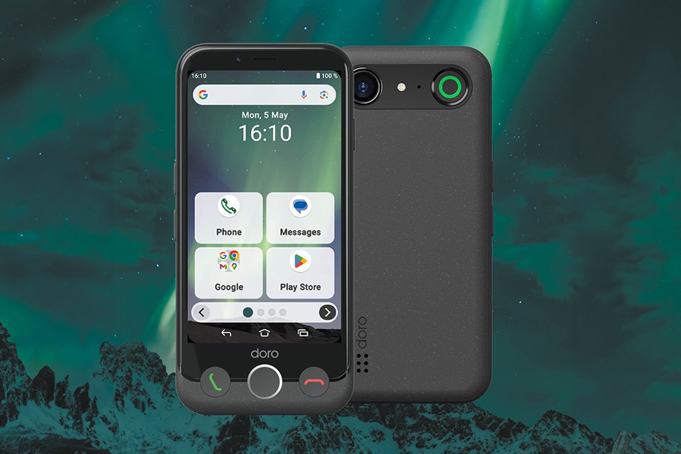 Compact Doro Aurora A10 smartphone displayed against Aurora background.