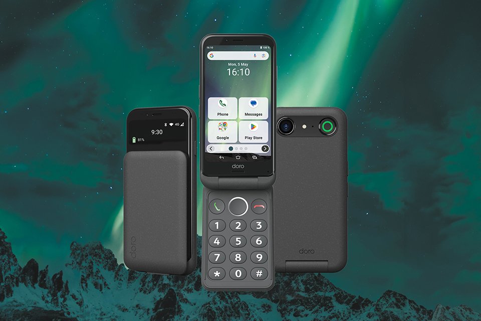 Doro Aurora A20 smartphone displayed in various angles against an Aurora background.