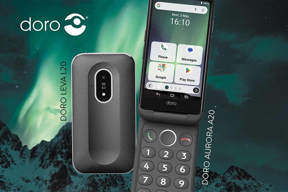 Doro Aurora A20 and Doro LEVA L20 mobile phones displayed against a green Aurora background. 