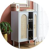 Light blue wooden cabinet with wooden arched rattan doors inpeach coloured hallway