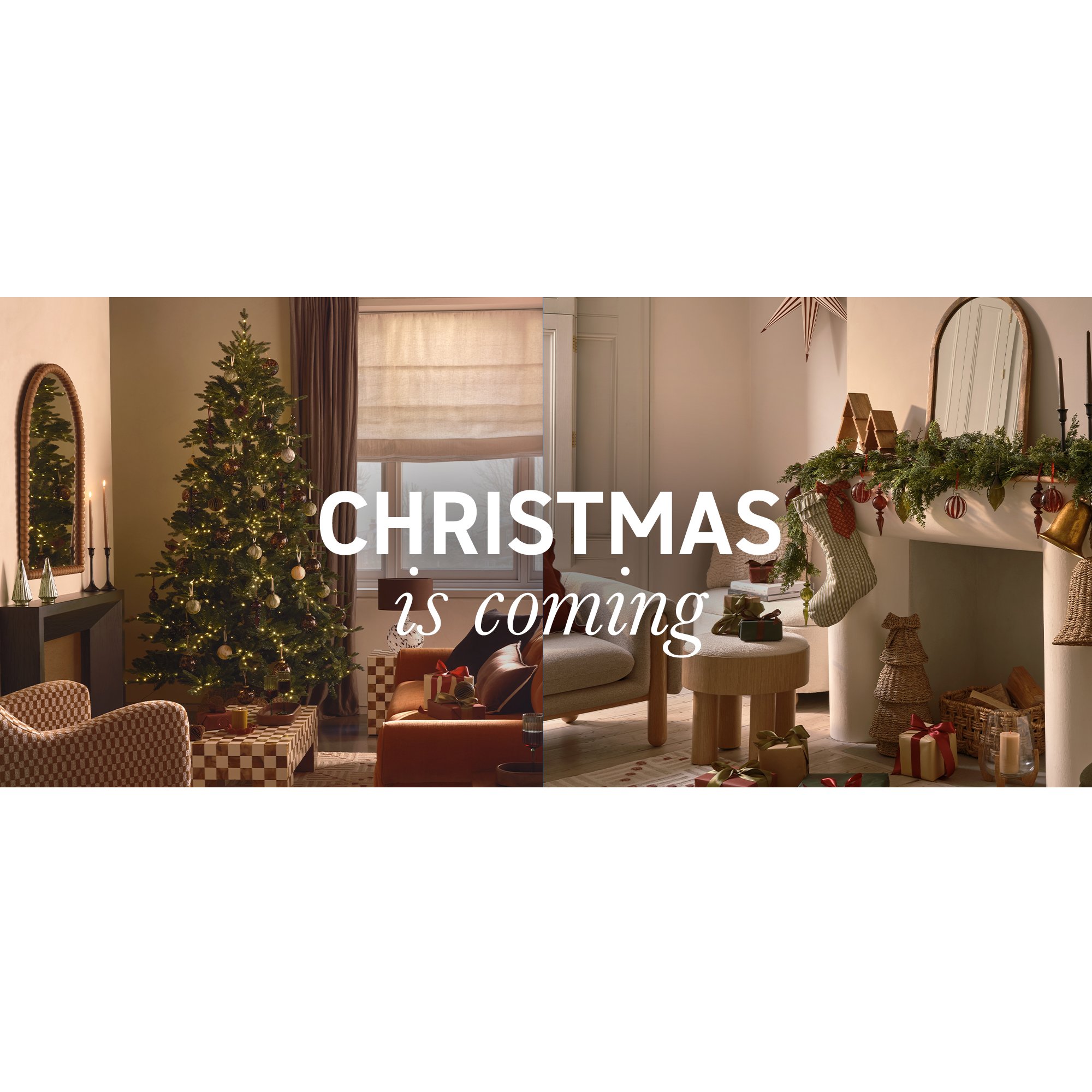 A banner displaying a Christmassy living room with a stocking and garland on the fireplace.