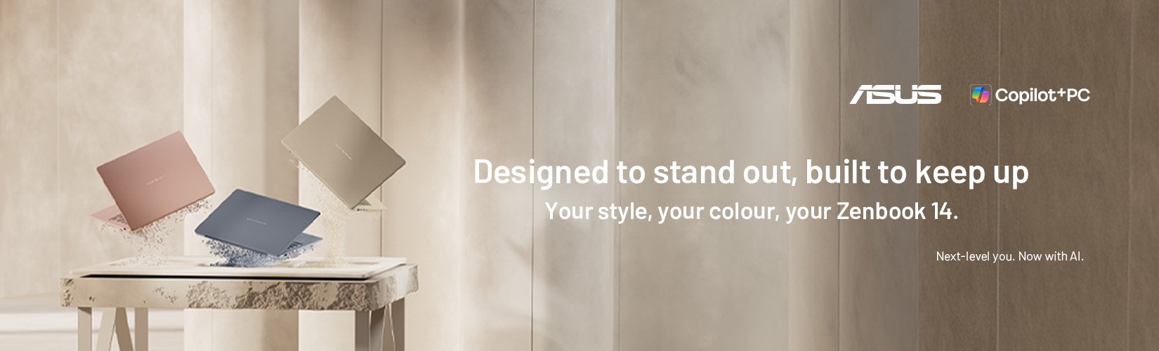 Asus. Copilot+ PC. Designed to stand out, built to keep up. Your style, your colour, your Zenbook 14.
