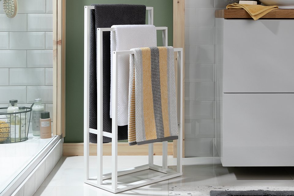 A Habitat Freestanding Bamboo Towel Rail in white.