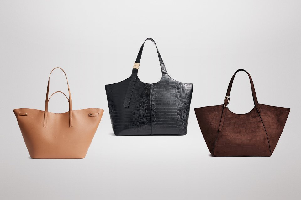 TU PU Tan Curved Top Shopper, TU Black Croc Winged Tote Bag, TU Black Belt Handled Shopper.