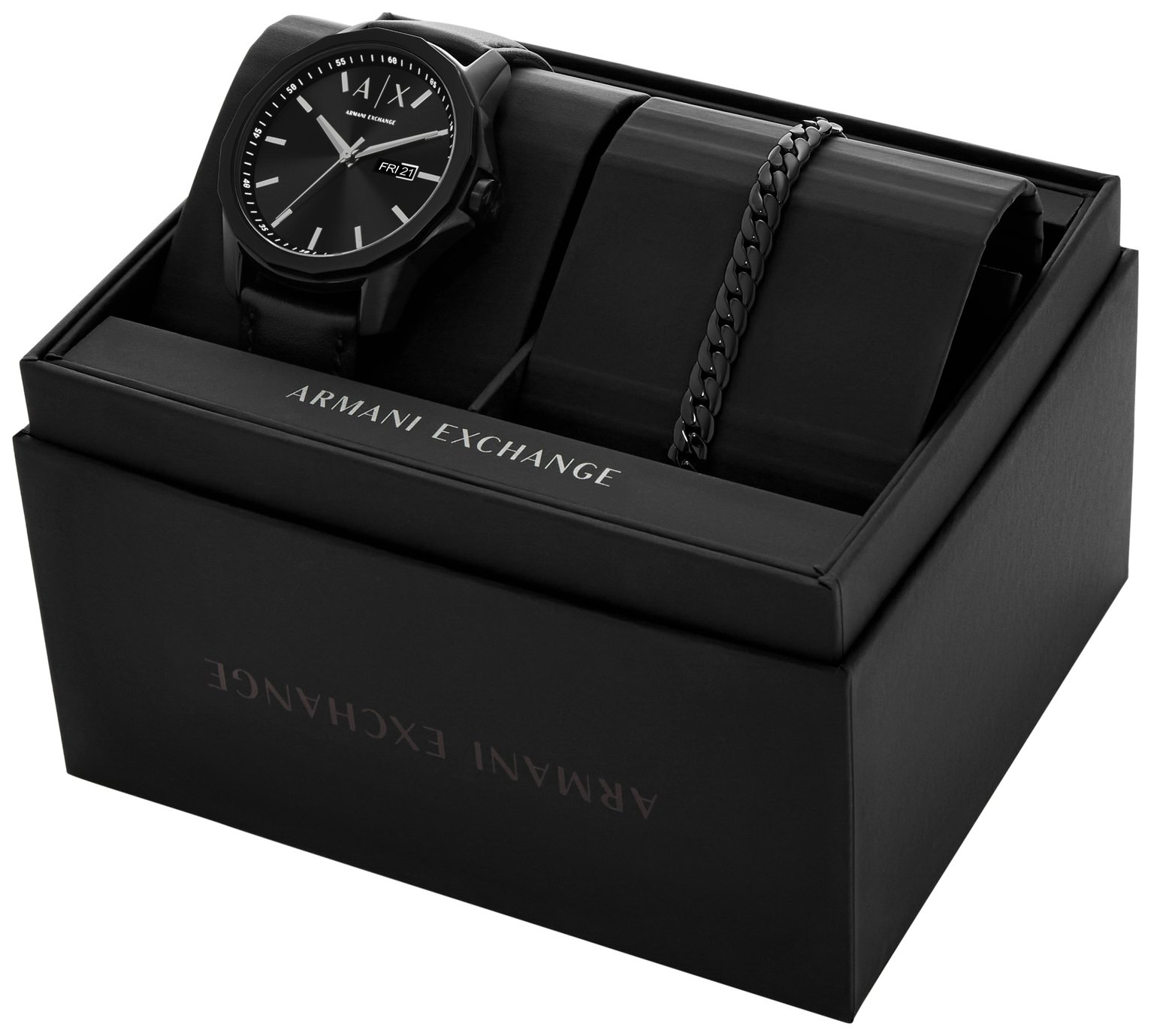Armani Exchange Men's Black Leather Strap Watch Set