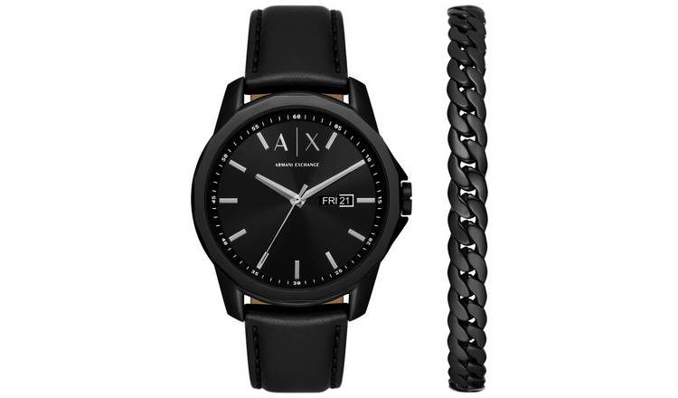 Buy Armani Exchange Men s Black Leather Strap Watch Set Men s