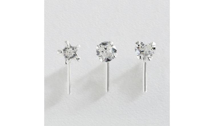 Buy Revere Sterling Silver Cubic Zirconia Nose Studs Set of 3 Body jewellery Argos