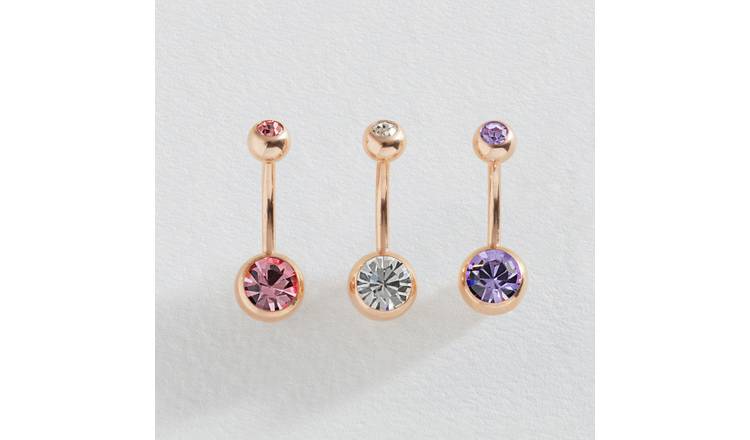 Revere 9ct Rose Gold Plated Crystal Belly Bars - Set of 3