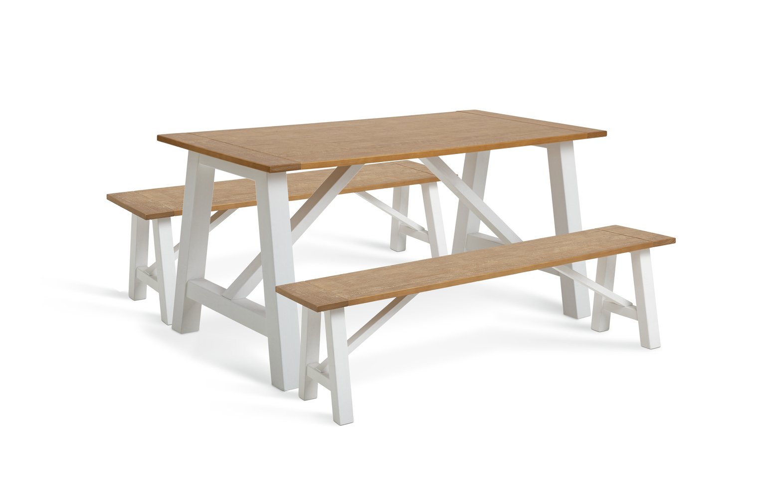 Habitat Burford Solid Wood Dining Table & 2 White Benches