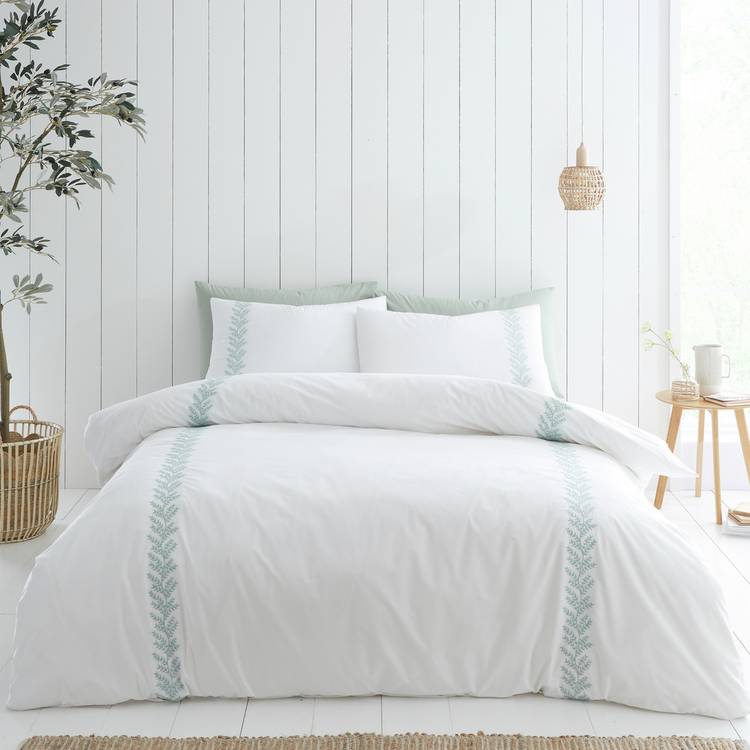 Bianca Cotton Leaf Embroidery White Bedding Set - Double 0