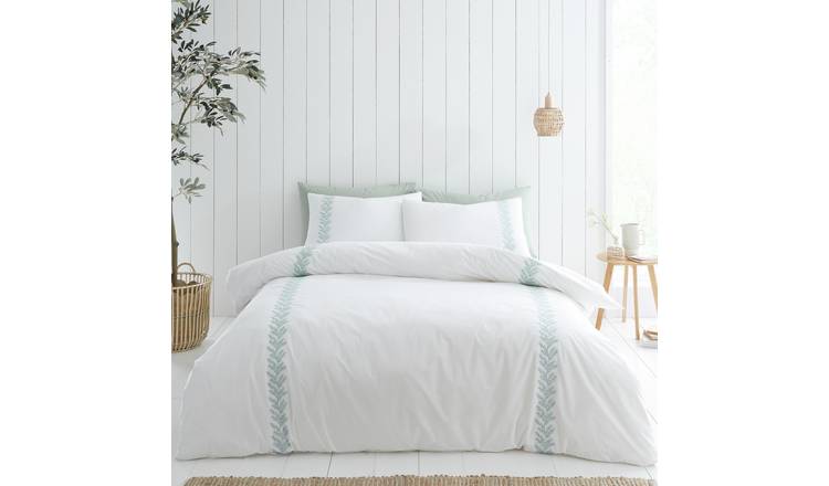 Bianca Cotton Leaf Embroidery White Bedding Set - Superking