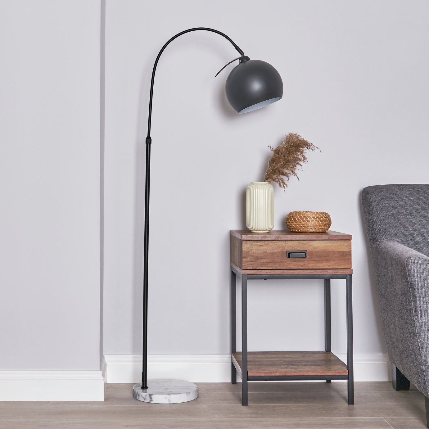 BHS Brent Curved Floor Lamp - Satin Black