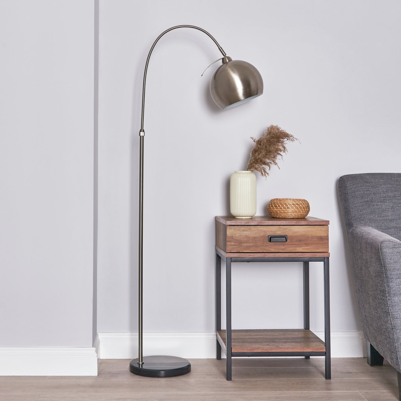BHS Brent Curved Floor Lamp - Satin Nickle