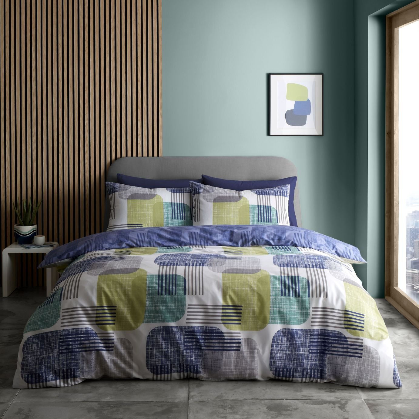 Catherine Lansfield Geometric Blue Bedding Set - King size