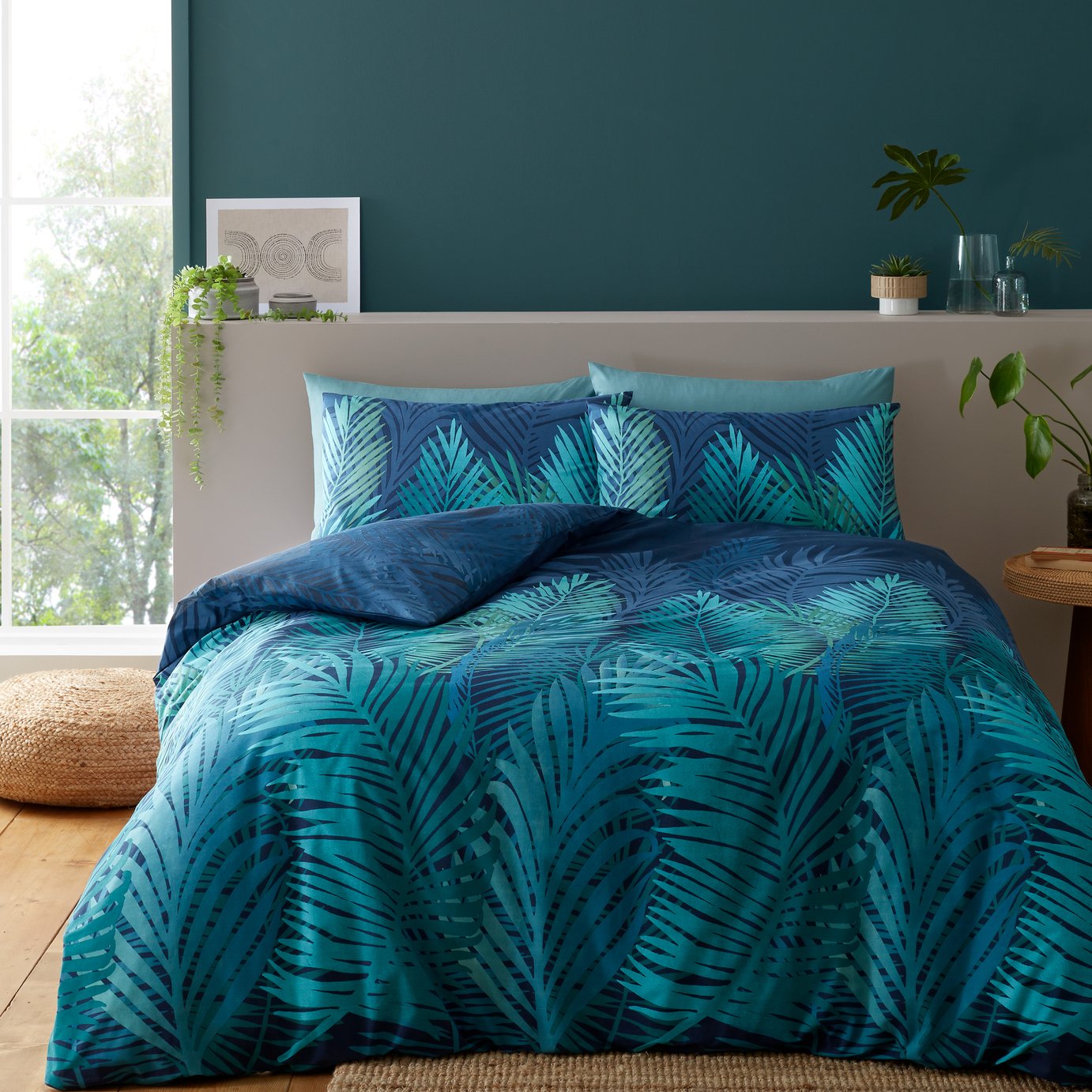 Catherine Lansfield Tropical Palm Blue Bedding Set - King