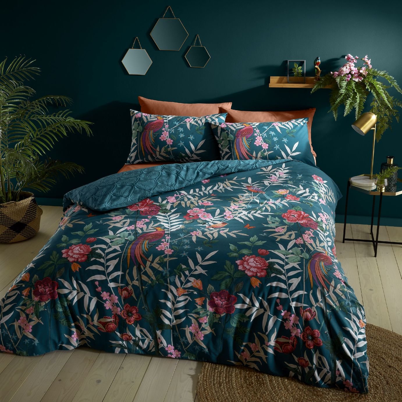 Catherine Lansfield Tropical Birds Green Bedding Set- Double