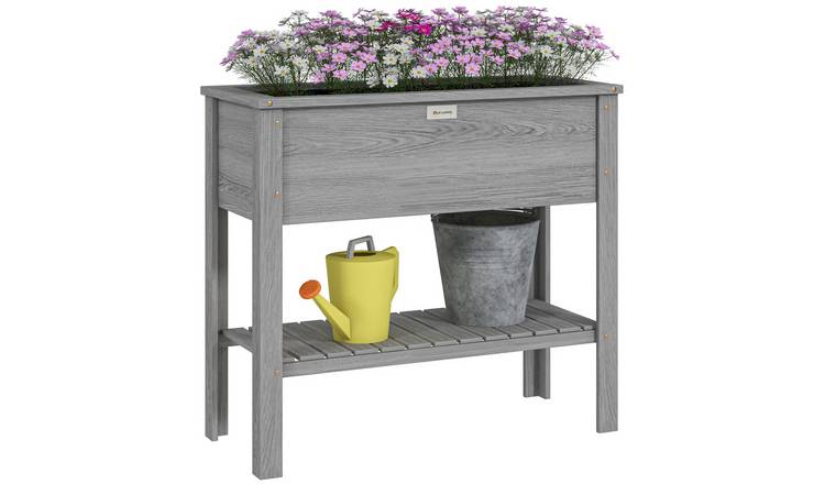 Outsunny Wooden Elevated Planter Box with Storage Shelf - Grey