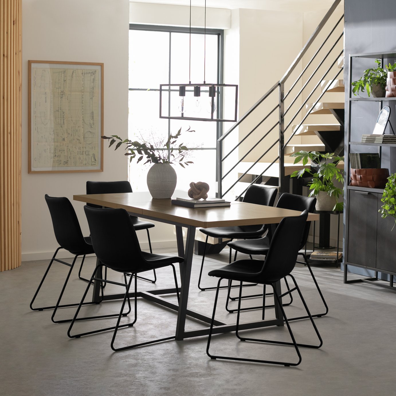 Habitat Nomad Metal Extending Dining Table & 6 Black Chairs