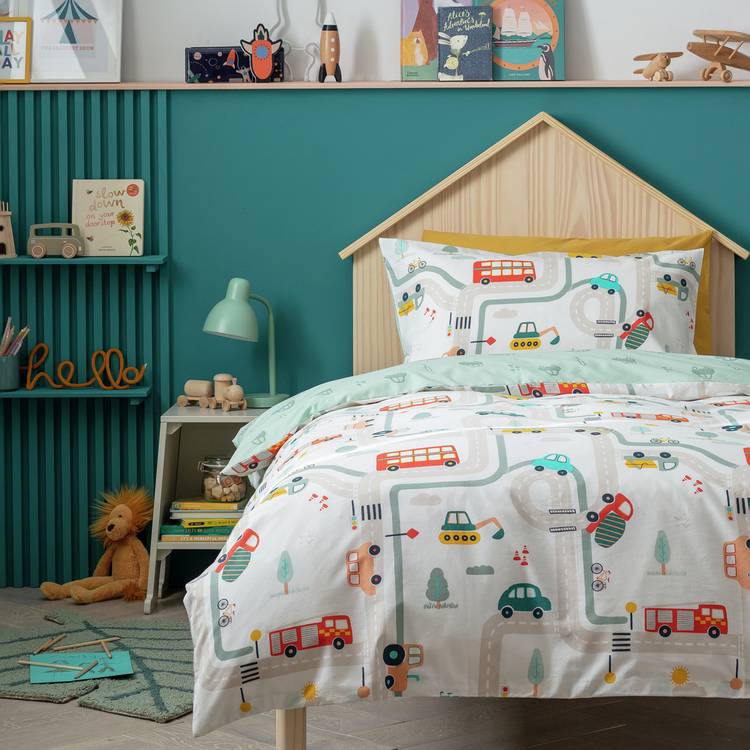 Habitat Transport White & Green Kids Bedding Set - Single 0