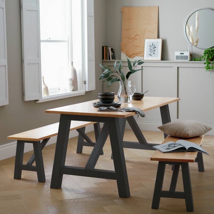 Habitat Burford Anthracite Dining Table & 2 Grey Benches 0
