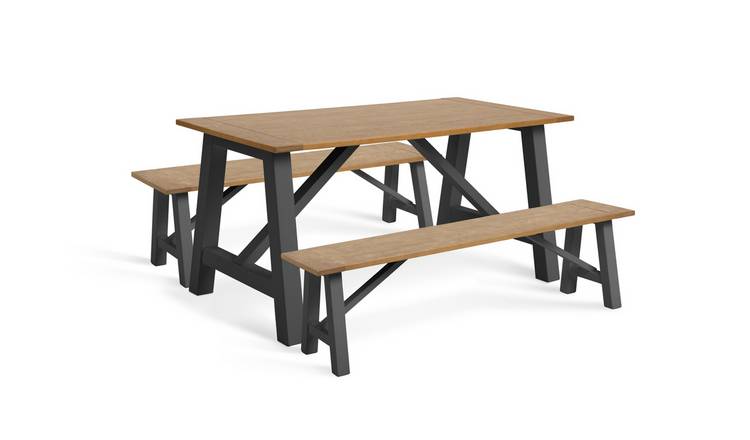 Habitat Burford Solid Wood Dining Table & 2 Dark Grey Bench
