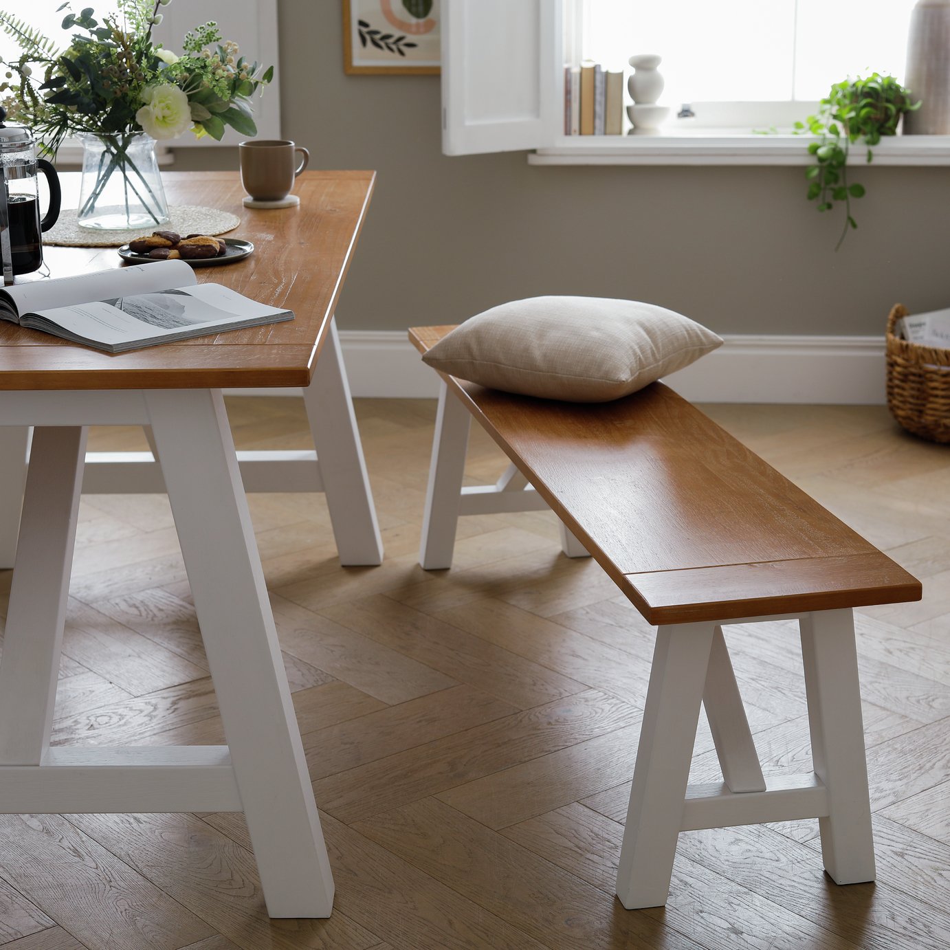 Habitat Burford Pair of Solid Wood Dining Benches - White