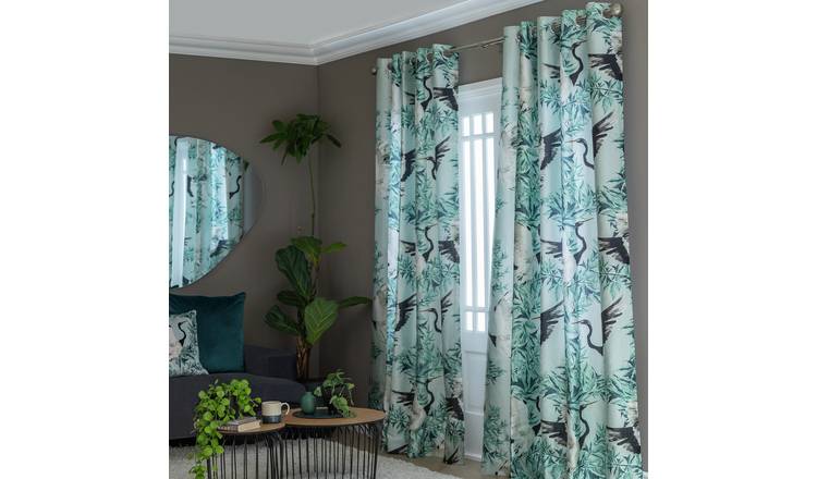 Habitat Crane Print Faux Silk Eyelet Curtains -Multicoloured