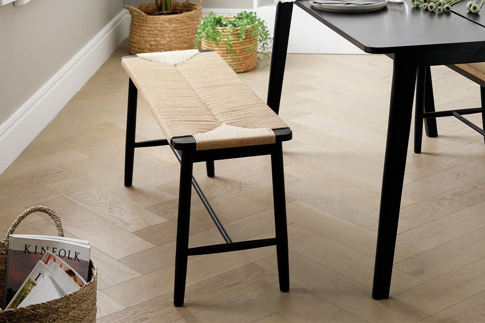 Dining room table wooden bench for small space dining.
