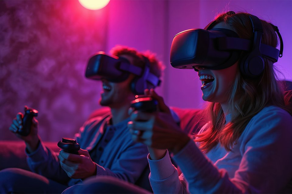A man and a woman playing video game using a VR headset.