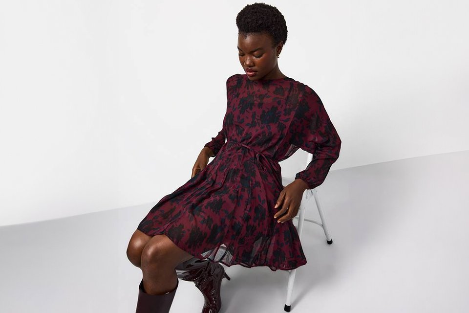 Dark Red Abstract Floral Mini Chiffon Dress.