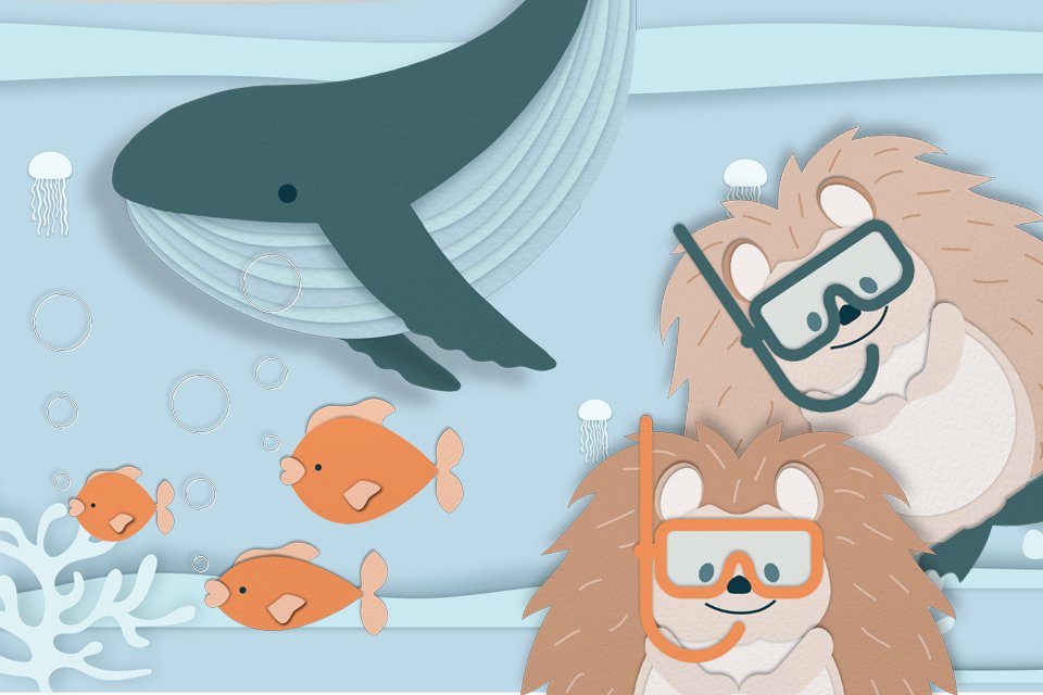 Set in an aquatic theme, Chad Valley's whale, three orange fishes, and two hedgehogs are shown underwater.