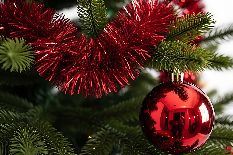 A Christmas tree decorated with red tinsel and baubles.