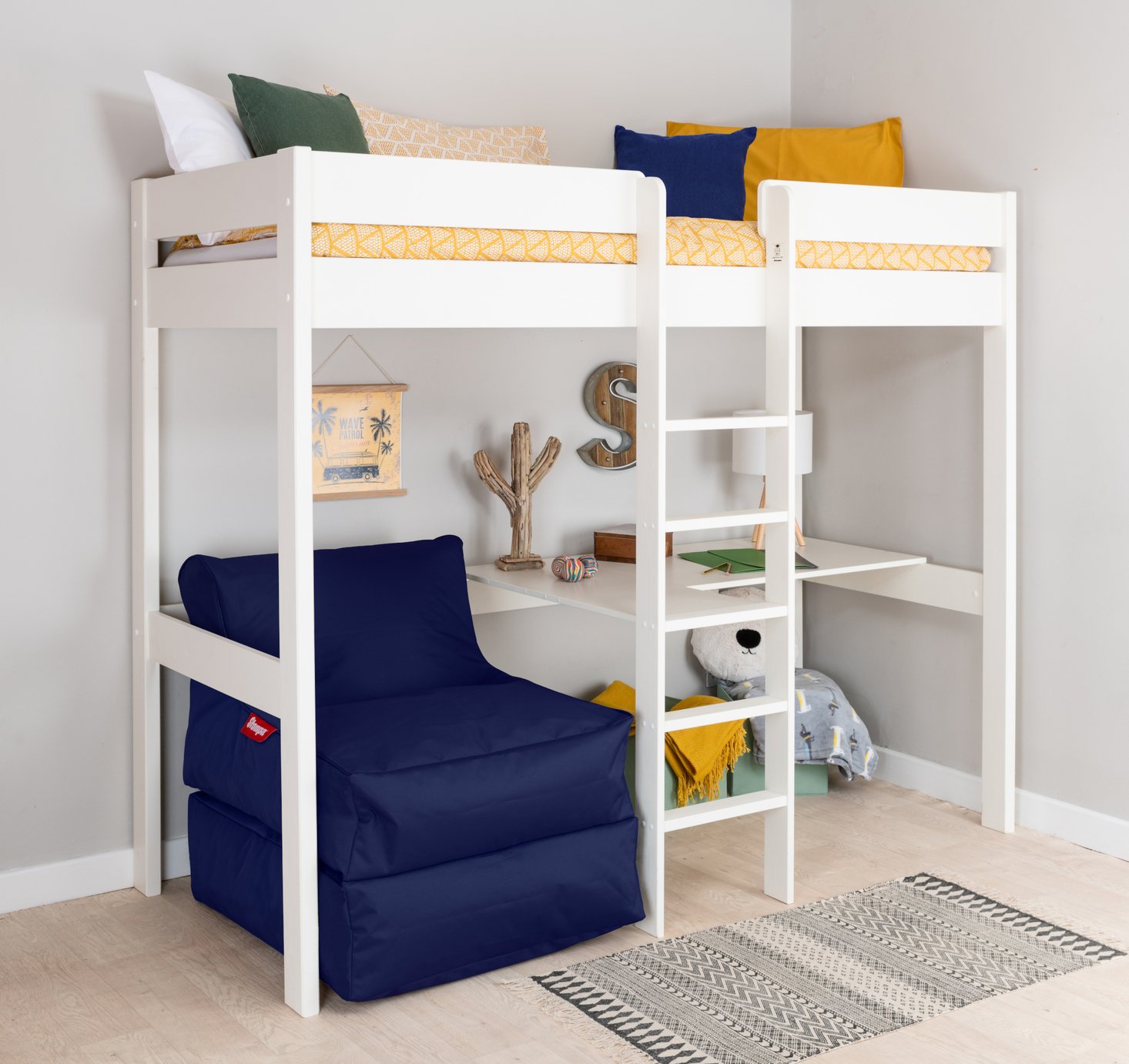 Stompa White High Sleeper Bed, Desk & Navy Chairbed