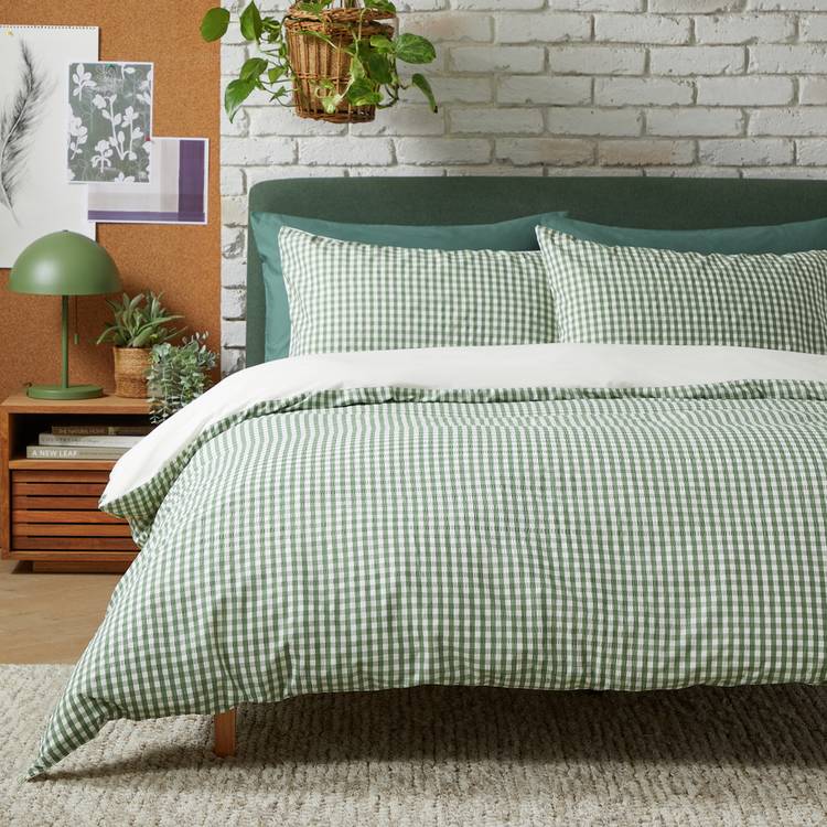 Habitat Seersucker Gingham Woven Green Bedding Set- Double 0