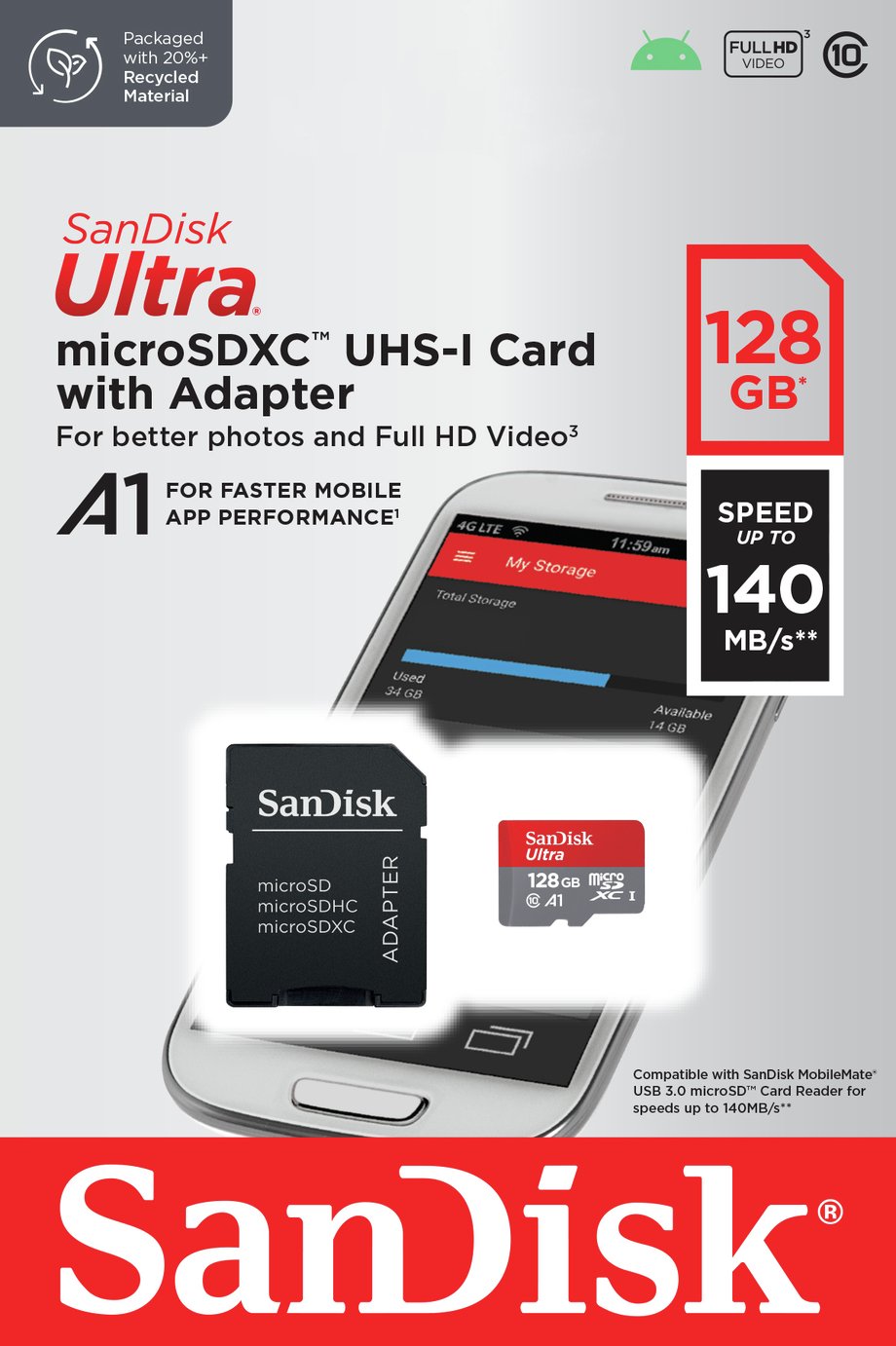 SanDisk Ultra 140MBs microSD Memory Card - 128GB