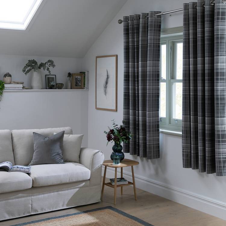Habitat Traditional Check Fully Lined Eyelet Curtains - Grey 0