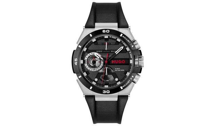 Buy Hugo Mens Wild Black Leather Strap Watch Men s watches Argos