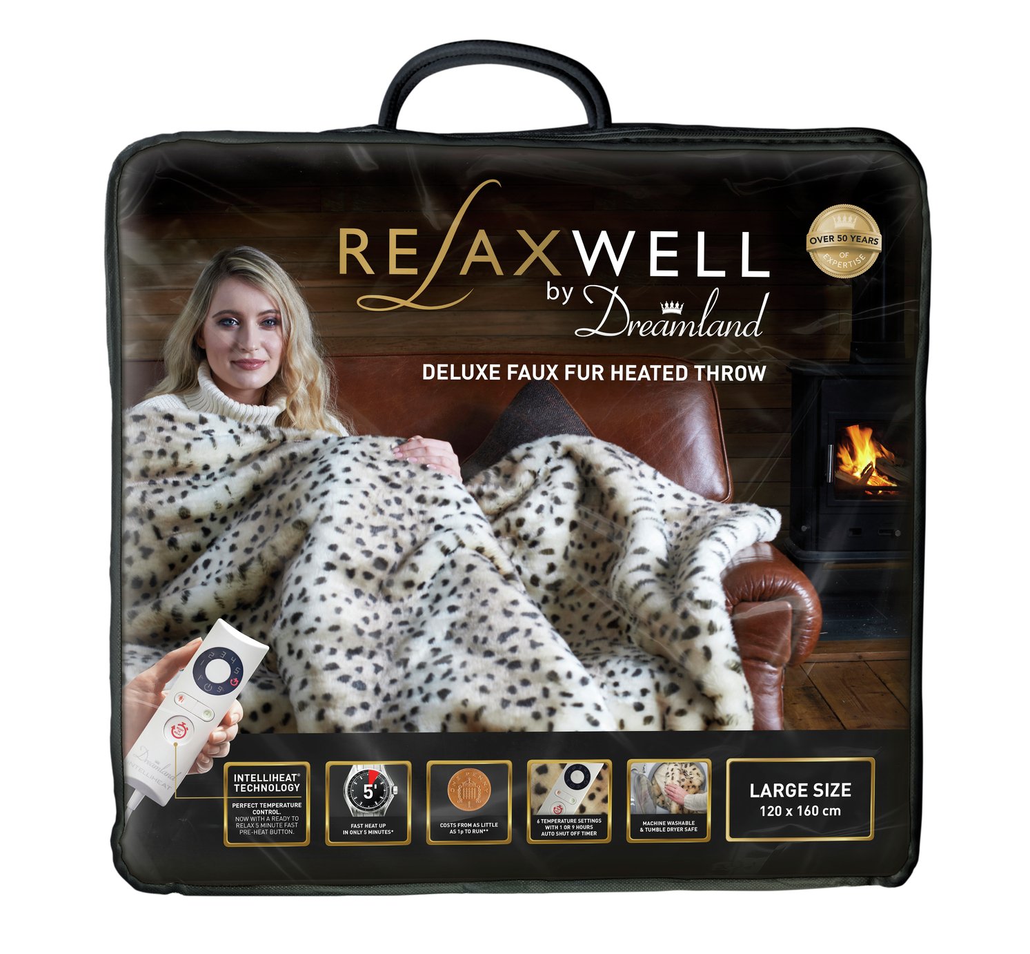 Relaxwell by Dreamland Leopard Print Faux Fur Heated Throw