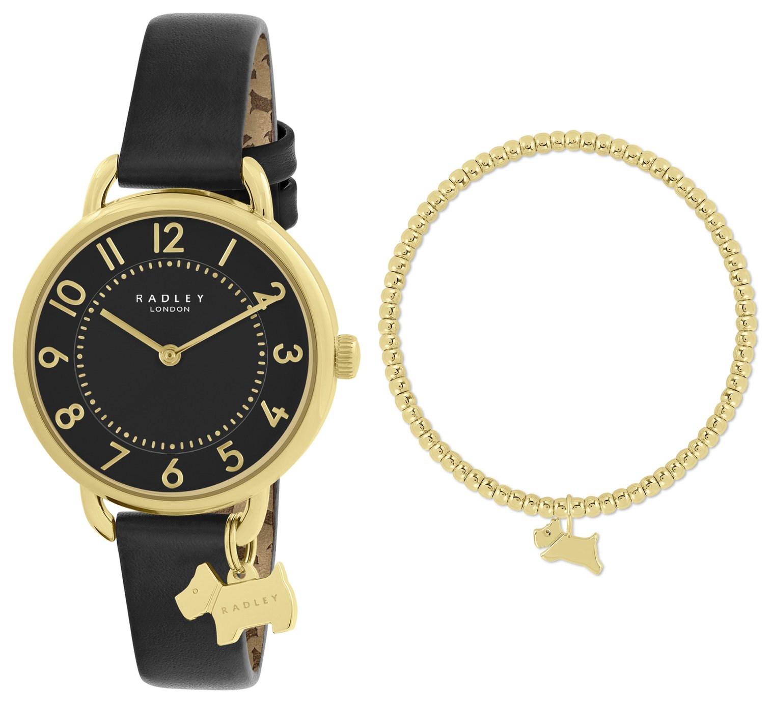 Radley Black Leather Strap Watch and Gold Bangle Gift Set
