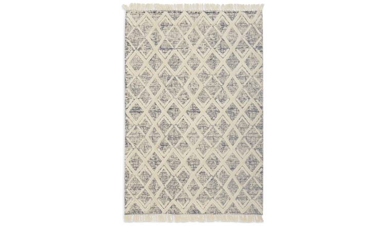 Habitat Printed Cream & Blue Cotton Flatweave Rug - 150x80cm