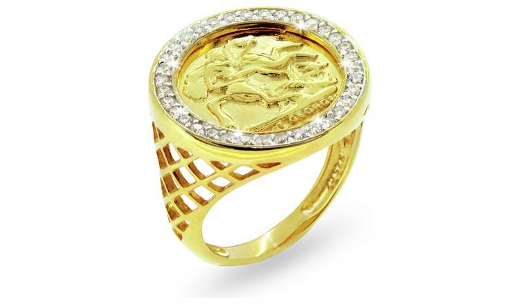 Revere Mens 9ct Gold Plated Sterling Silver Medallion Ring-S