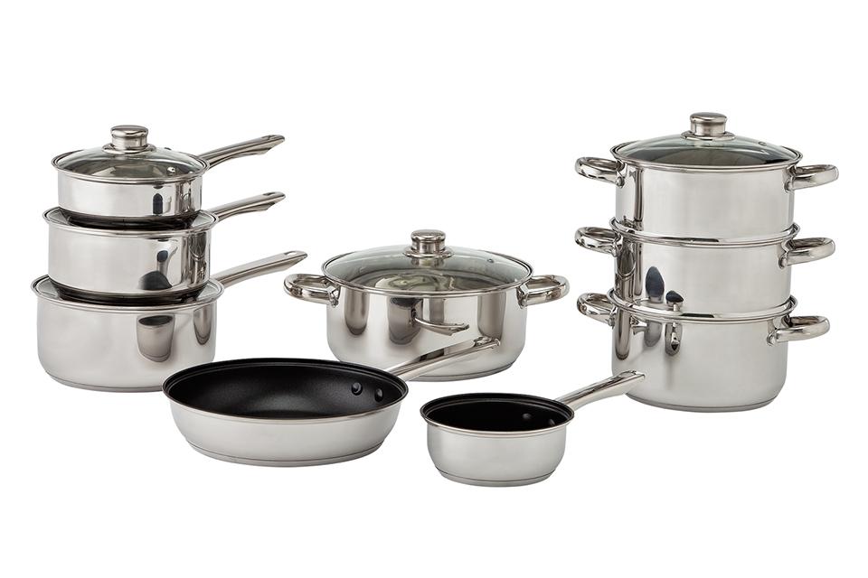 Set of stainless steel pots and pans. 