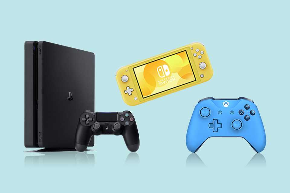 A PS4, Nintendo Switch Lite and an Xbox controller on a pale blue background.