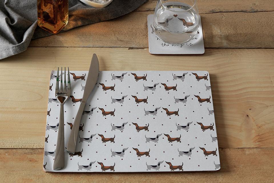 Argos Home Set of 4 Spotty Dachshund Placemats and Coasters.