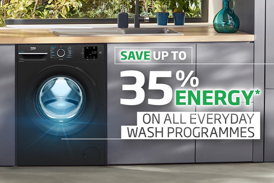 A Beko EnergySpin washing machine in a kitchen enviornment.