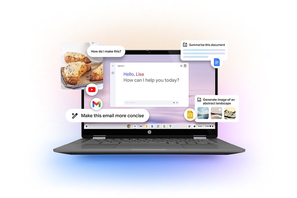 Google AI Gemini user interface on a Chromebook Plus laptop screen.